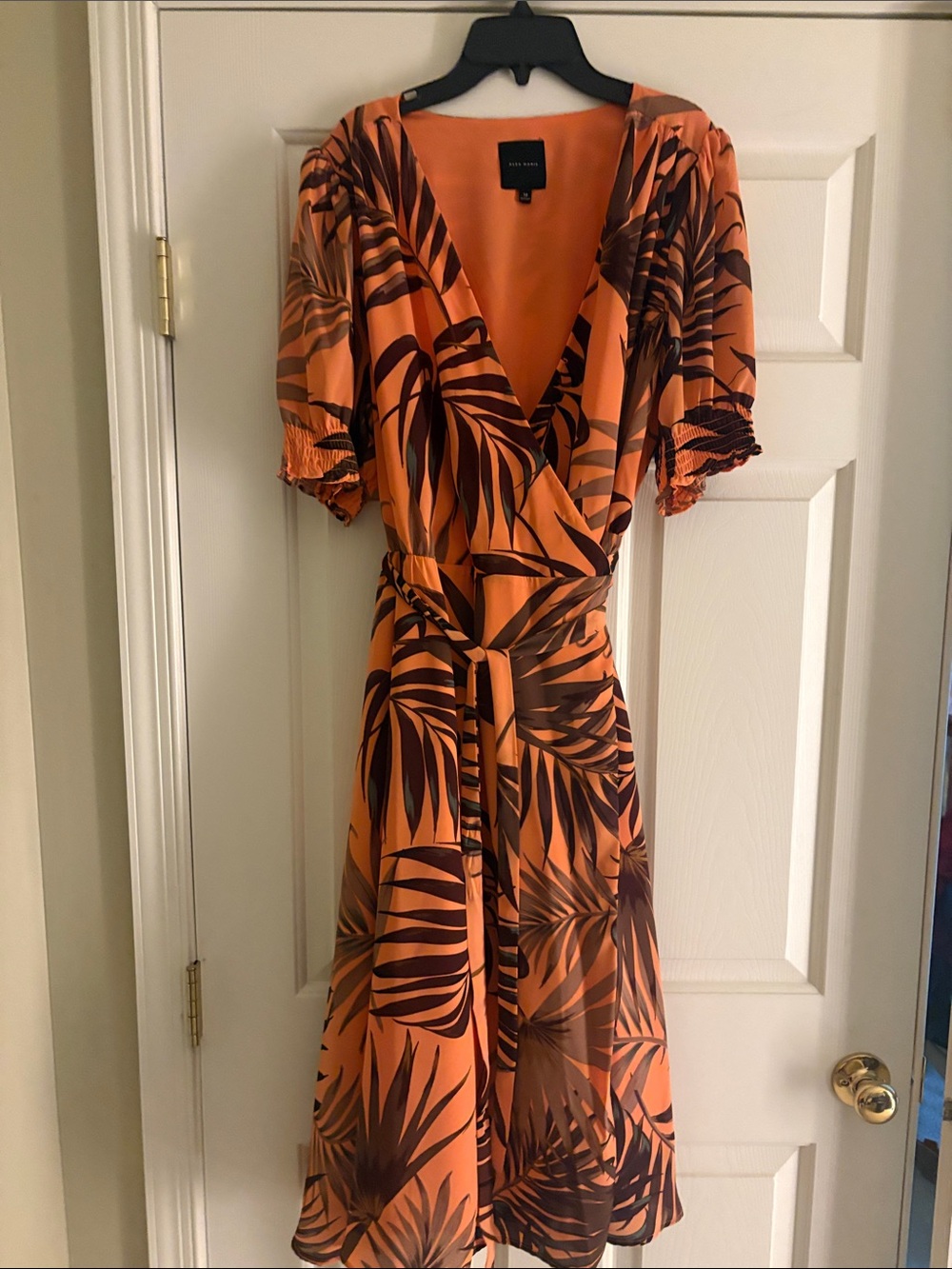 Alex Marie Orange Tropical Leaf Wrap Midi Dress